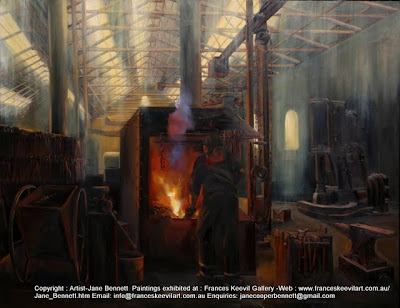 Plein air painting of blacksmith at the forge in Bay 1/2 Locomotive Workshop, Australian Technology park, Eveleigh Railway Workshops painted by industrial heritage artist Jane Bennett Plein air painting of blacksmith at the forge in Bay 1/2 Locomotive Workshop, Australian Technology park, Eveleigh Railway Workshops painted by industrial heritage artist Jane Bennett